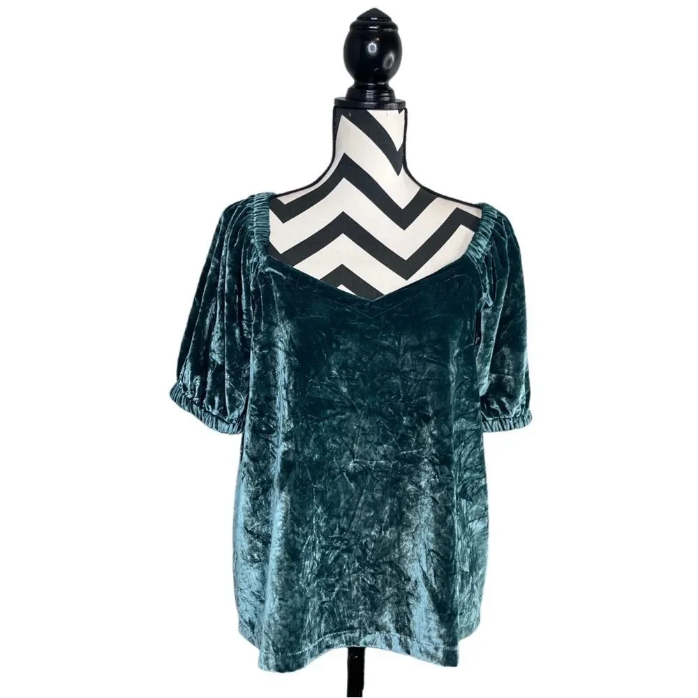 NWT Loft Whimsigoth Boho Teal Crushed Velvet Puff Sleeve Blouse Sz M